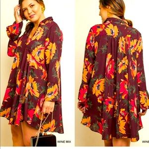 Umgee Boho Flowy Oversized Dress Fall Floral with Flare long sleeves